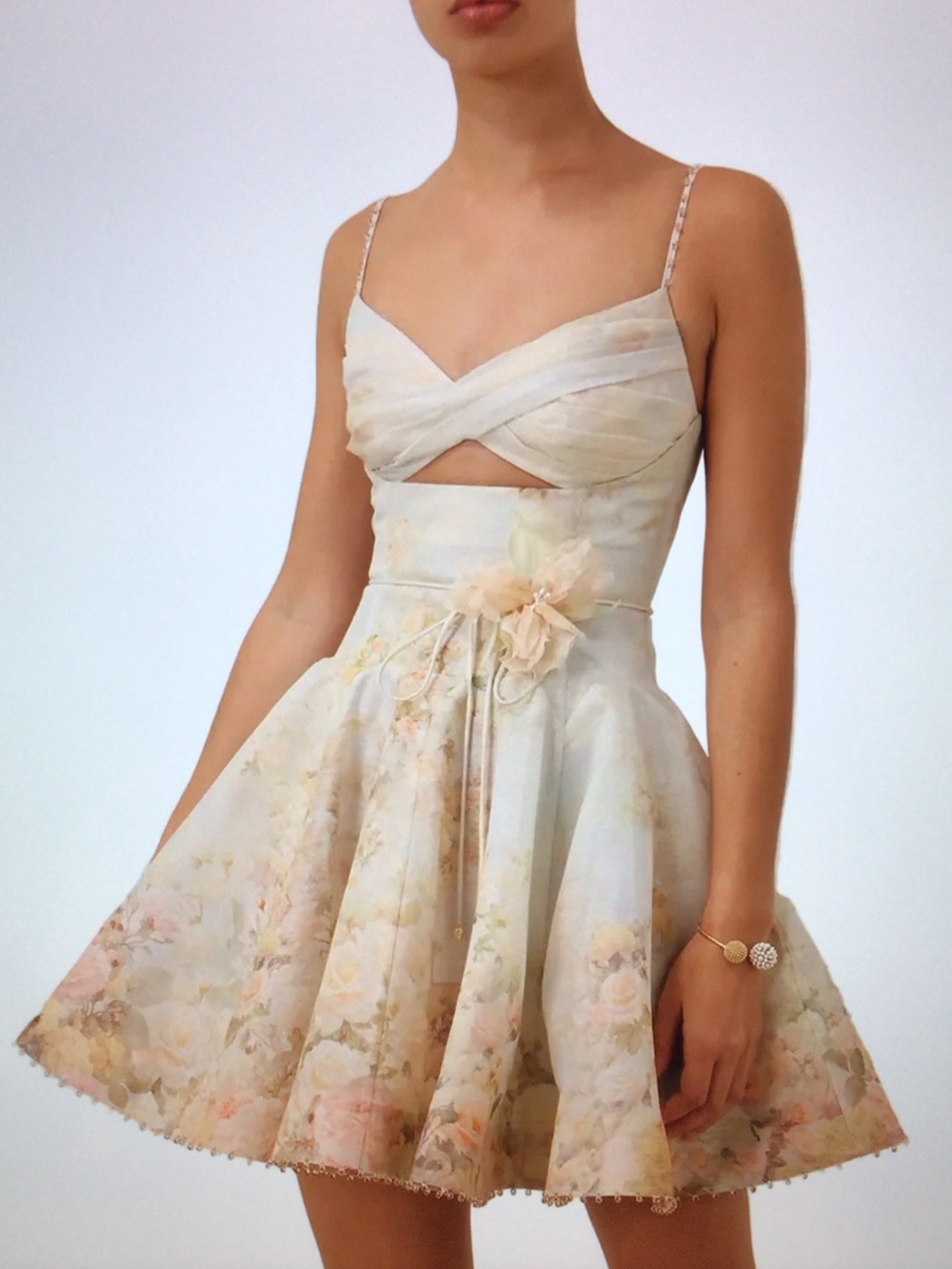Zimmermann Cream and Blush Floral Cutout Mini Dress - Picture 1 of 10